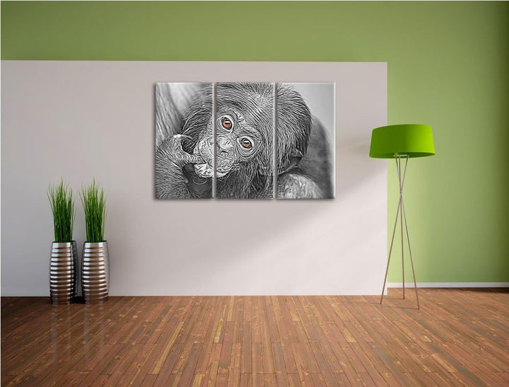 süsses Orang-Utan-Junges schwarz/weiss Deluxe 3-Teiler Leinwandbild 120x80 Bild auf Leinwand, XXL ri