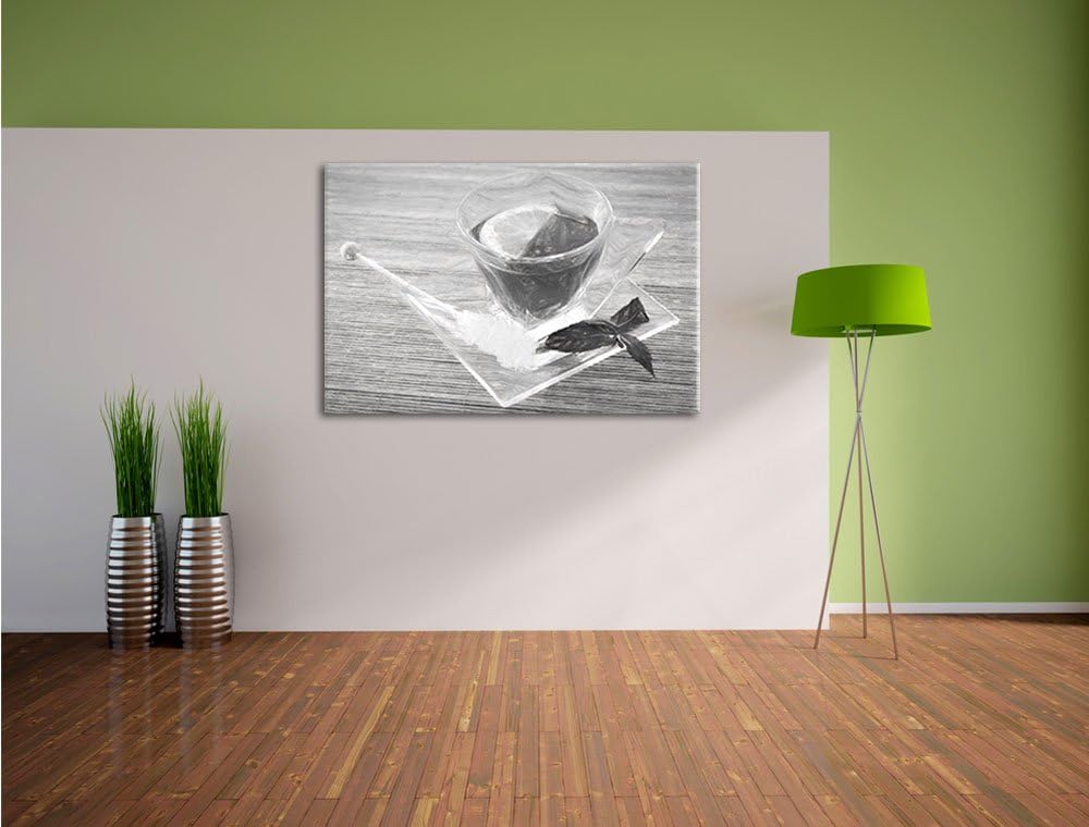 Pixxprint Tasse Tee mit Minze Kohle Zeichnung Effekt, Format: 100x70 auf Leinwand, XXL riesige Bilde