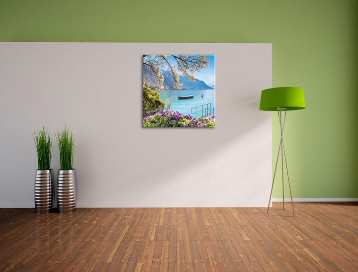 Genfer See im Sonnenschein, Format: 70x70 auf Leinwand, XXL riesige Bilder fertig gerahmt mit Keilra