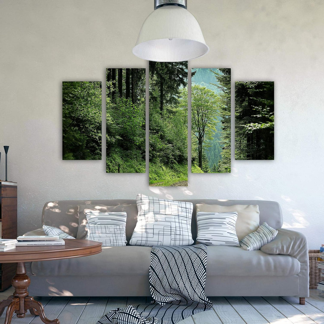 Feeby Bild auf Leinwand Landschaft 5 Teilig Modern Natur Wald Bäume grün 200x100 cm Leinwandbild 200