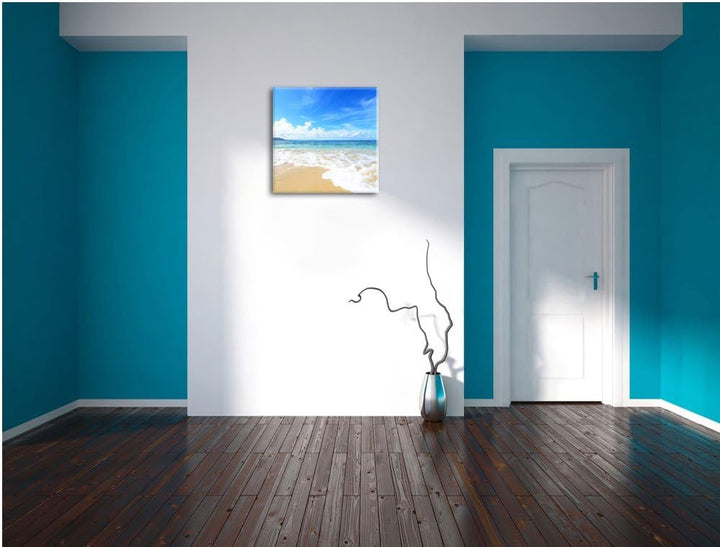 Pixxprint Strand bei Sonnenuntergang / 70x70cm Leinwandbild bespannt auf Holzrahmen/Wandbild Kunstdr