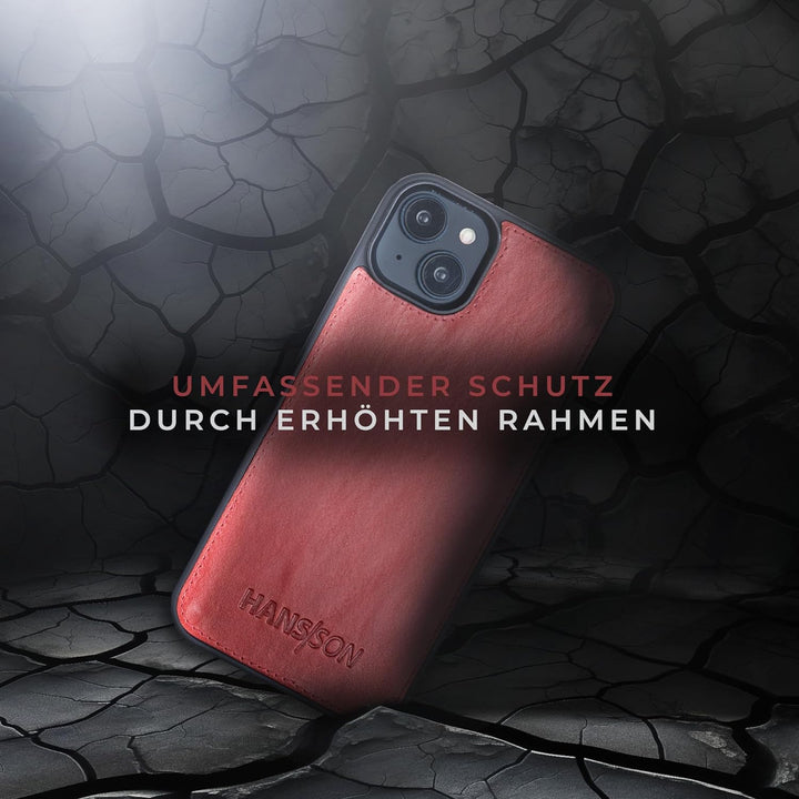 HANS/SON Lederhülle mit Kartenfächern | iPhone 14 | Echtleder | 6,1 Zoll | Schmal | Klapphülle | Sto
