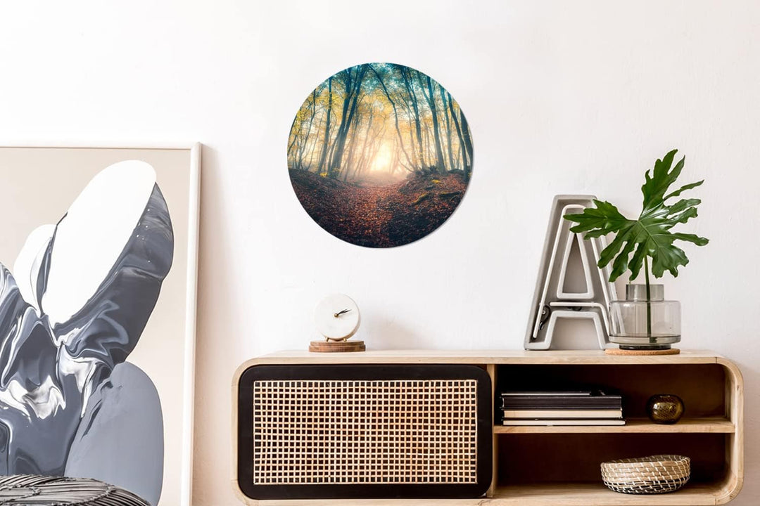 MuchoWow Wandbild Rund Wanddeko Deko Wohnzimmer Bilder 30x30 cm Wald - Nebel - Sonne - Herbst, 30x30
