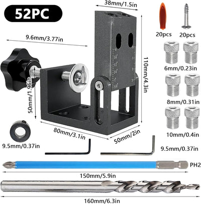 Pocket Hole Jig Set, Taschenloch Bohrschablone, 52 Stück Multifunktion Bohrer-Locator Schrägloch Boh