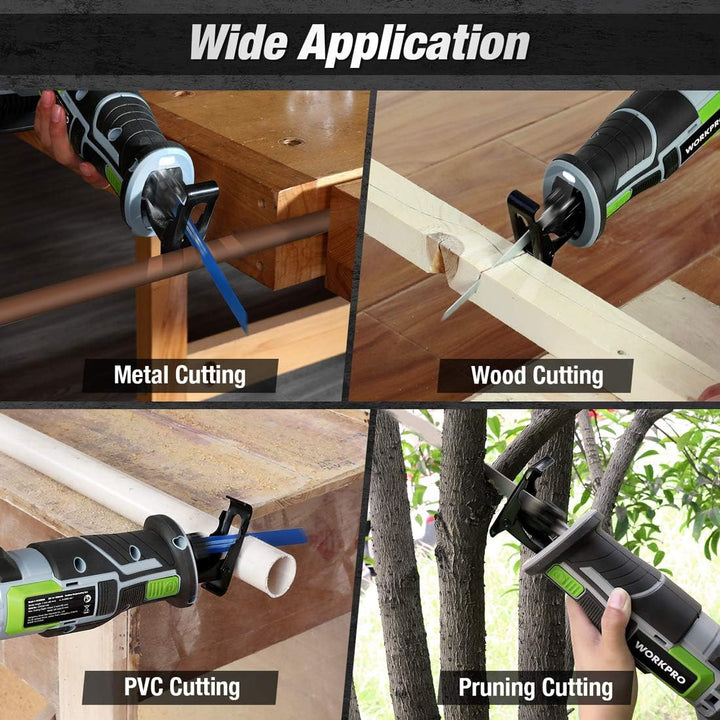 WORKPRO Akku Säbelsäge Kabellose Reciprosäge 20V 4,0 Ah Universalsäge mit 4 Sägeblätter für Holz&Met