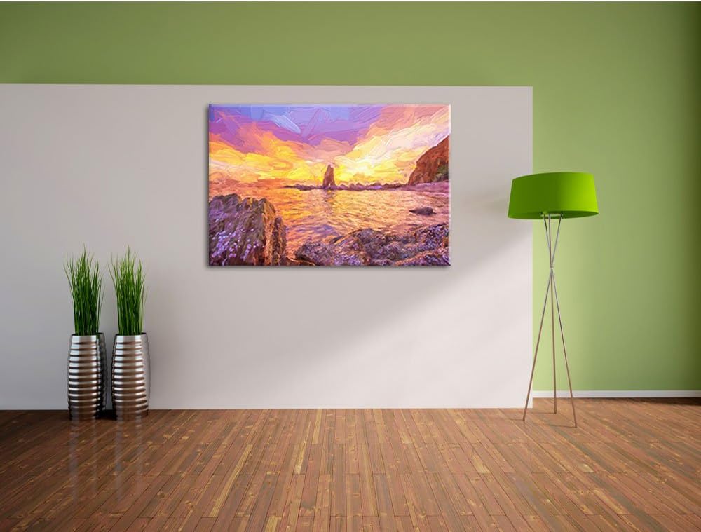 Pixxprint Küstenlinie mit schönen Sonnenuntergang Kunst Pinsel Effekt, Format: 100x70 auf Leinwand,