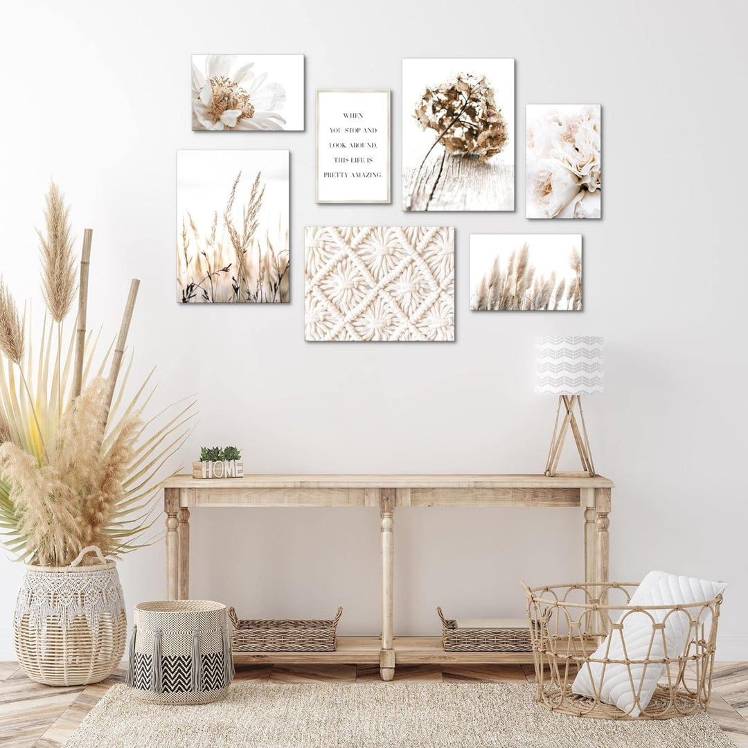 Novart Wandbilder Boho - KOMPLETT AUFHÄNGFERTIG - Beige Wohnzimmer Schlafzimmer- 7 Moderne Mood-Bild