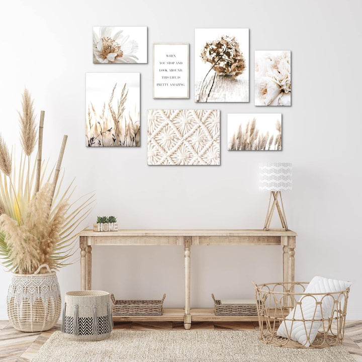 Novart Wandbilder Boho - KOMPLETT AUFHÄNGFERTIG - Beige Wohnzimmer Schlafzimmer- 7 Moderne Mood-Bild