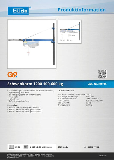 Güde Schwenkarm 1200 100-600 kg (600 kg max. Hubkraft ohne Umlenkrolle, max. Auszugslänge 110 cm, Ru