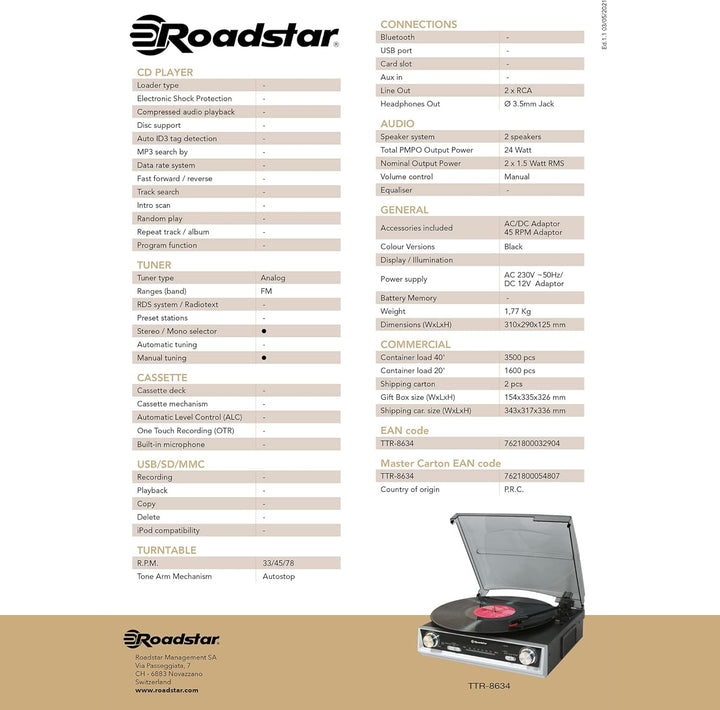 Roadstar TTR-8634 Audio Turntable Black Silver