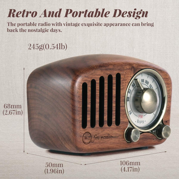PRUNUS J-919 UKW FM Klassisches-Holz Retro Radio Klein, Tragbares Radio mit Bluetooth Lautsprecher,