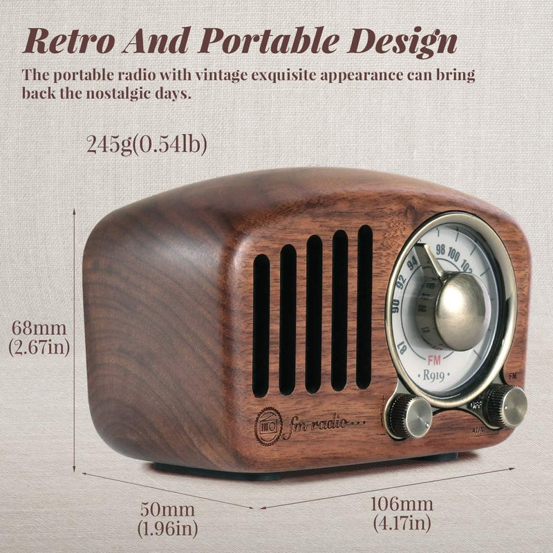 PRUNUS J-919 UKW FM Klassisches-Holz Retro Radio Klein, Tragbares Radio mit Bluetooth Lautsprecher,