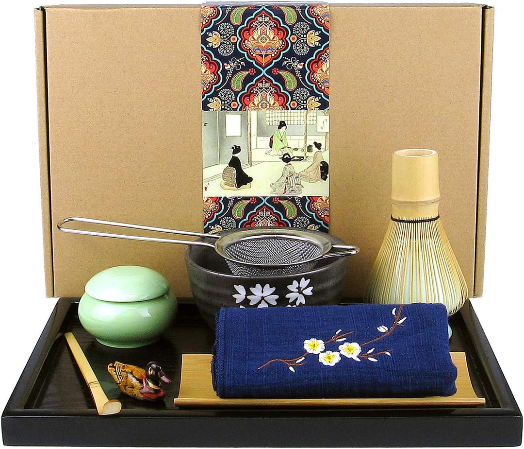 Artcome Japanese Matcha Tea Set, Matcha Whisk, Traditional Scoop, Matcha Bowl, Black Bamboo Tray, Ce