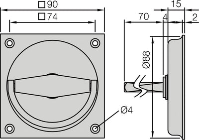 KWS 5016Klappringmuschel-griff 90x90mm,8mm Locht.