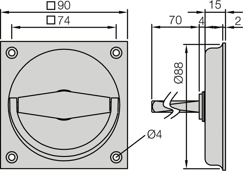 KWS 5016Klappringmuschel-griff 90x90mm,8mm Locht.