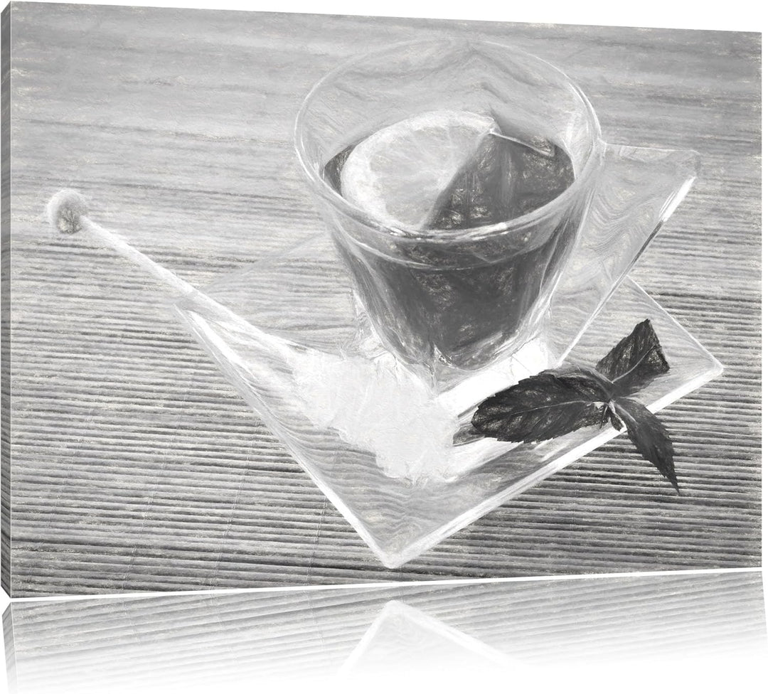 Pixxprint Tasse Tee mit Minze Kohle Zeichnung Effekt, Format: 100x70 auf Leinwand, XXL riesige Bilde