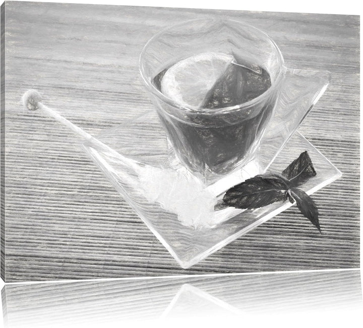 Pixxprint Tasse Tee mit Minze Kohle Zeichnung Effekt, Format: 100x70 auf Leinwand, XXL riesige Bilde