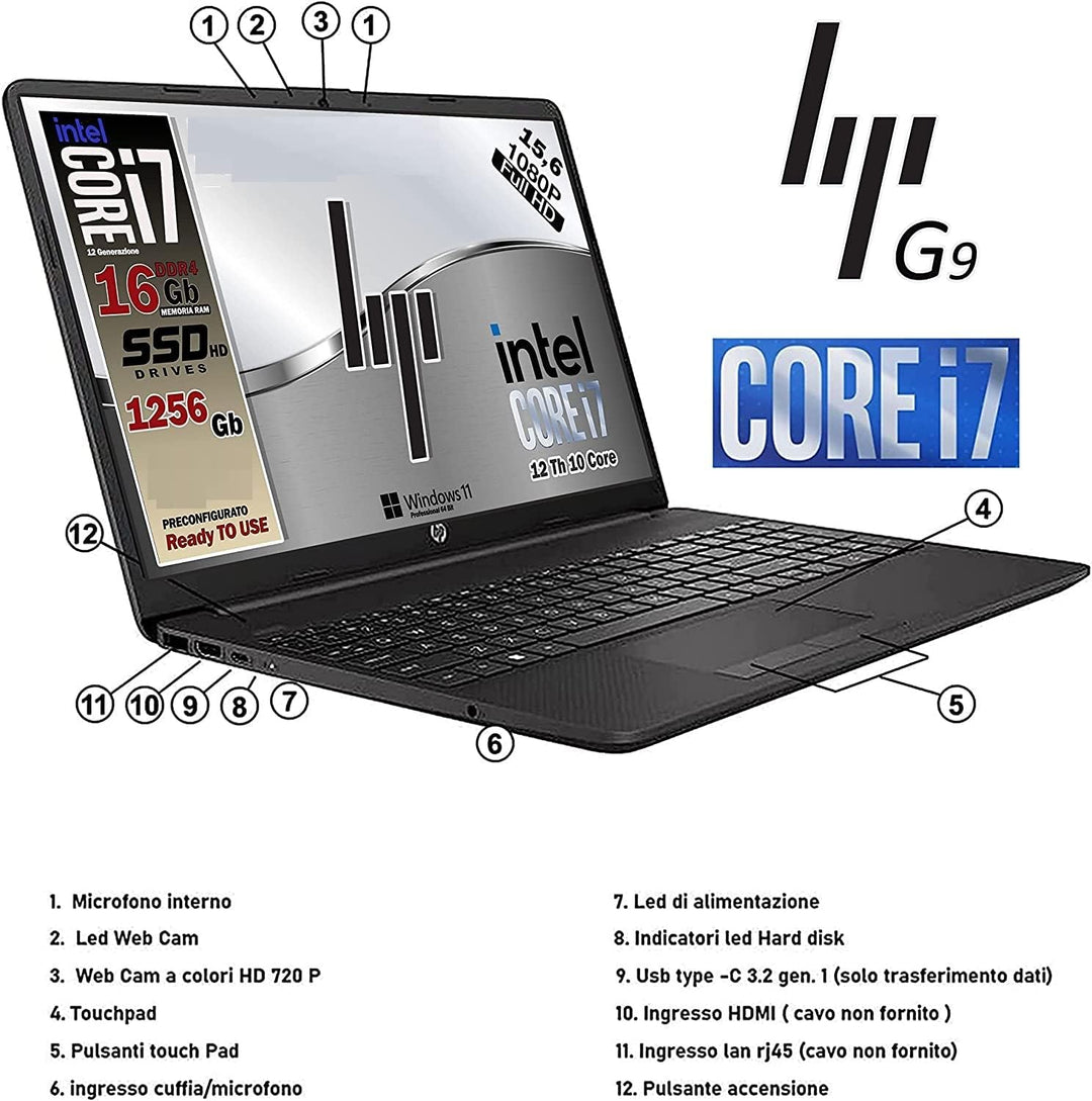 HP 240 G8 Notebook Laptop Intel i3 1005G1 10Th gen bis zu 3.40Ghz Display 14" HD,12GB RAM ddr4, sd M