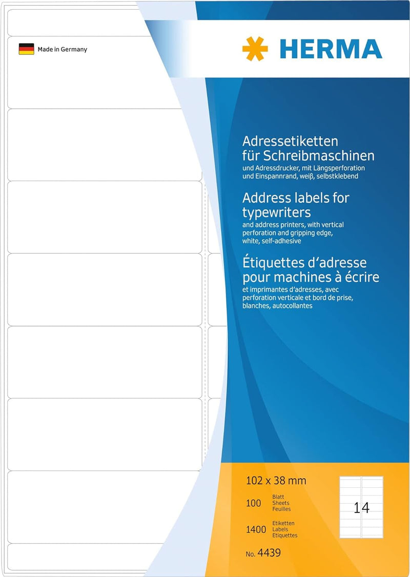 HERMA 4439 Adressetiketten für Schreibmaschinen, 100 Blatt, 102 x 38 mm, 14 Stück pro A4 Bogen, 1400