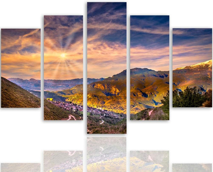 Feeby Wanddeko XXL Landschaft Leinwandbild 5 Teilig Himmel Sonne Wolken bunt 100x70 cm Leinwandbild