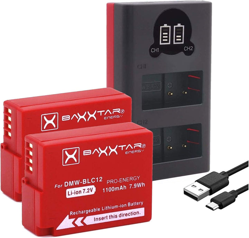 Baxxtar Pro DMW-BLC12 E DMW-BLC12E Kamera-Akku Pack mit Ladegerät Mini 18622 LCD DUAL (Eingang USB-C