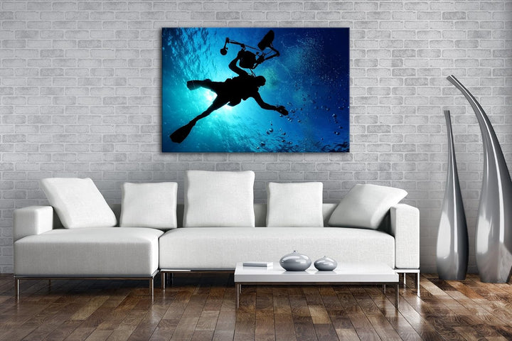 deyoli Taucher im tiefen Ozean Format: 80x60 als Leinwand, Motiv fertig gerahmt auf Echtholzrahmen,