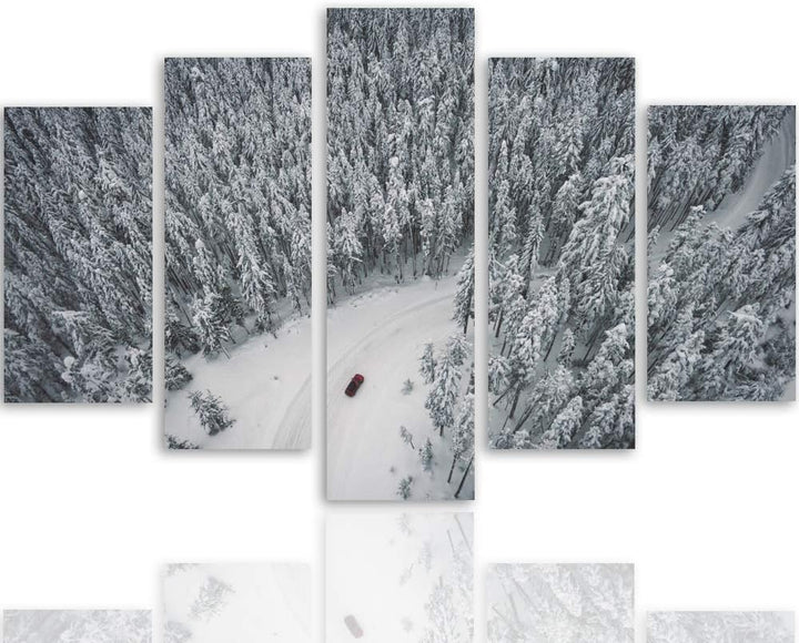Feeby Wanddeko XXL Landschaft Leinwandbild 5 Teilig Winter Wald Weg Auto weiss 100x70 cm Leinwandbil