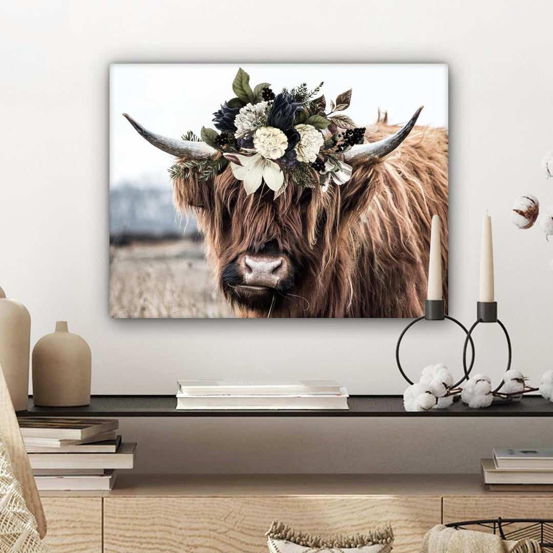 MuchoWow Leinwand Bilder, Einzigartige Wanddeko mit Rahmen, Schottische Highlander - Blumen - Hoorn,