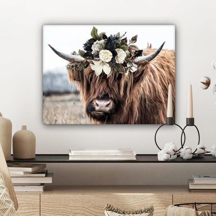 MuchoWow Leinwand Bilder, Einzigartige Wanddeko mit Rahmen, Schottische Highlander - Blumen - Hoorn,