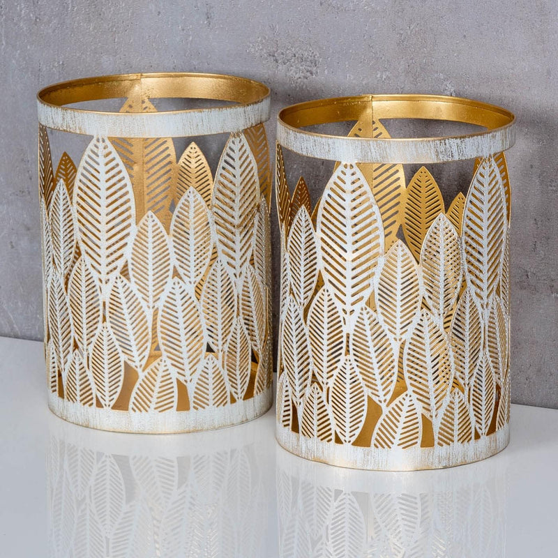 2er Set Windlicht 13x18cm Weiss Gold Metall Teelichthalter Blattdekor Blumendekor Tischdeko Industri