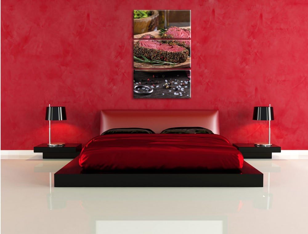 Pixxprint Leckeres Steak als Leinwandbild - Grösse: 3-Teilig (120x80cm) - Wandbild - Kunstdruck - fe