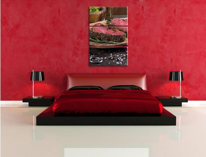 Pixxprint Leckeres Steak als Leinwandbild - Grösse: 3-Teilig (120x80cm) - Wandbild - Kunstdruck - fe