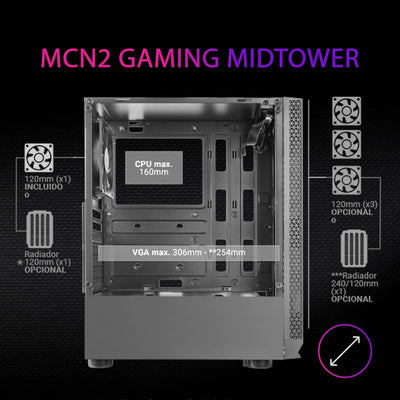 Mars Gaming MCN2, ATX Gaming PC Gehäuse, Volles Seitenfenster, Frontgitter, Doppelkammer Design, 12c