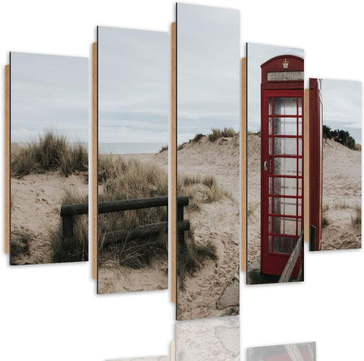 Bilder 5 Teilig Landschaft Deco Panel Kunst Telefonzelle Strand Sand rot 100x70 cm Deco panel 100x70