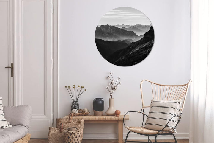 MuchoWow Wandbild Rund Wanddeko Deko Wohnzimmer Bilder 90x90 cm Berge - Natur - Nebel, 90x90 cm