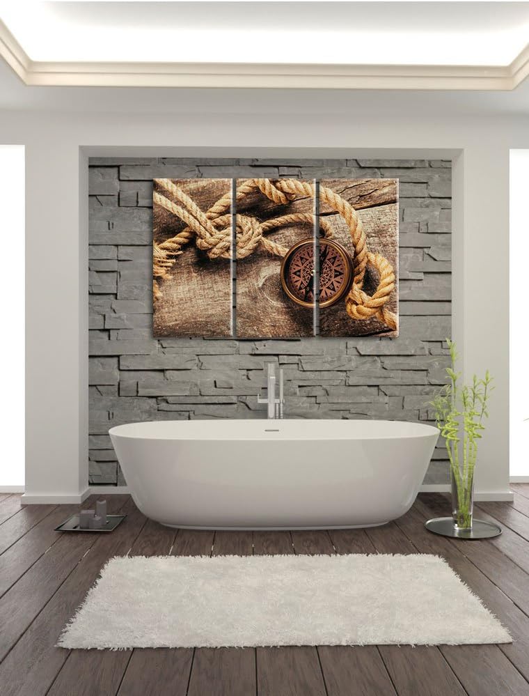 Pixxprint Schiffseil und Kompass auf Holzuntergrund 3-Teiler Leinwandbild 120x80 Bild auf Leinwand