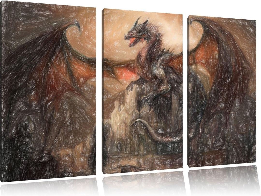 Pixxprint Drache schützend über Burg / 3-Teilig/Gesamtmass 120cm Leinwandbild bespannt auf Holzrahme