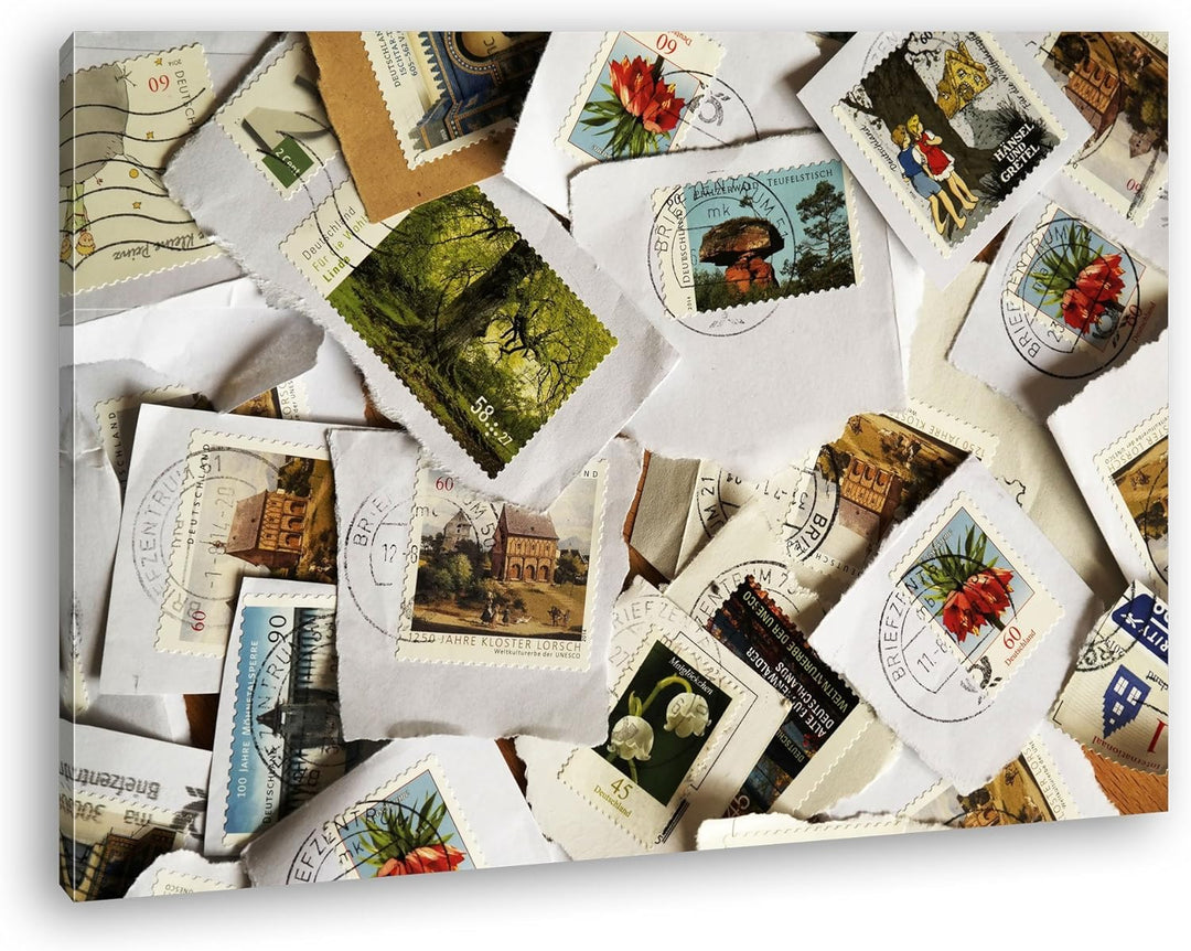 deyoli grosse Sammlung an Briefmarken im Format: 80x60 als Leinwandbild, Motiv fertig gerahmt auf Ec