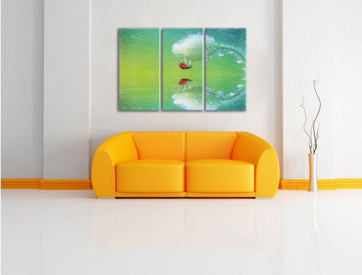 Pixxprint Roter Marienkäfer hängt kopfüber an Einer Mohnblume Kunst Buntstift Effekt 3-Teiler Leinwa