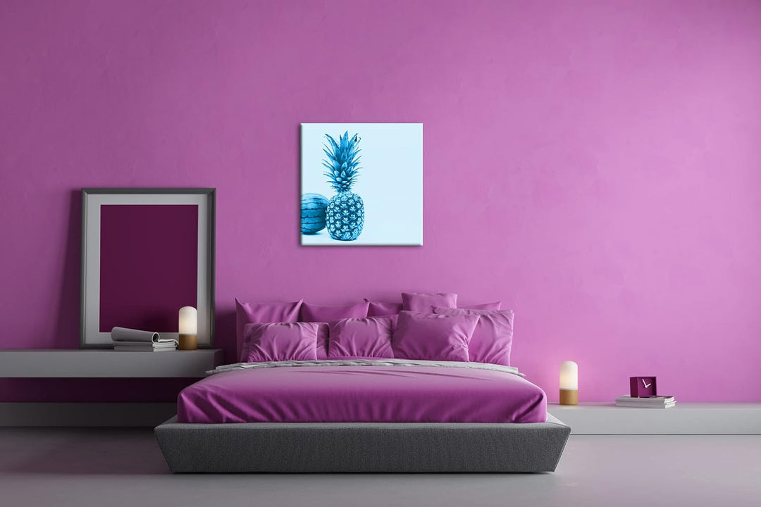Ananas Melone Format: 70x70 Effekt: Monocrome Blau als Leinwand, Motiv fertig gerahmt auf Echtholzra