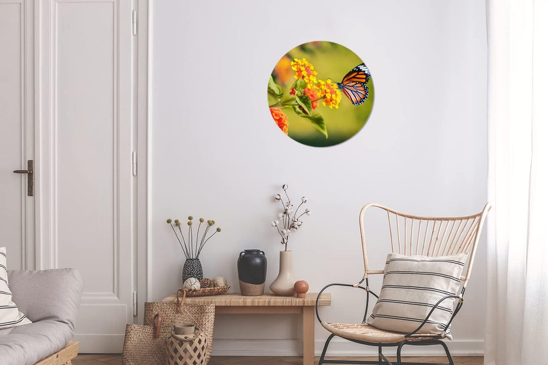 MuchoWow Wandbild Rund Wanddeko Deko Wohnzimmer Bilder 30x30 cm Schmetterling - Insekten - Blumen -