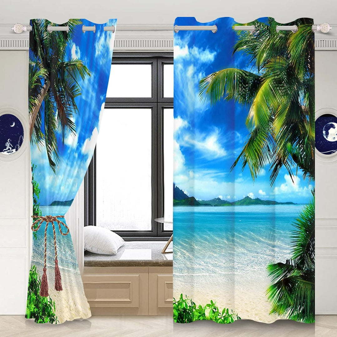 Renaiss 66x160cm Strand Blau Meer Himmel Palme Fenstervorhänge Wärmeisolierter Bedruckter Vorhang So
