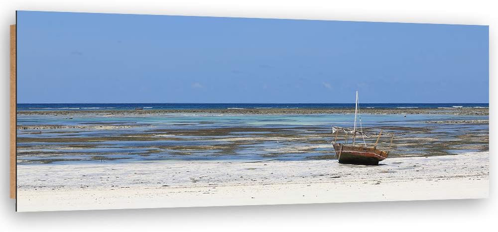 Feeby Wandbild Landschaft Modern Deko Kunst Bilder Strand und Boot Blau 120x40 cm Deko paneel 120x40