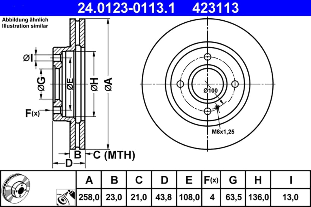 ATE Original Bremsscheibe - 2 Bremsscheiben - 24.0123-0113.1 - ECE-R90 Strassenzulassung