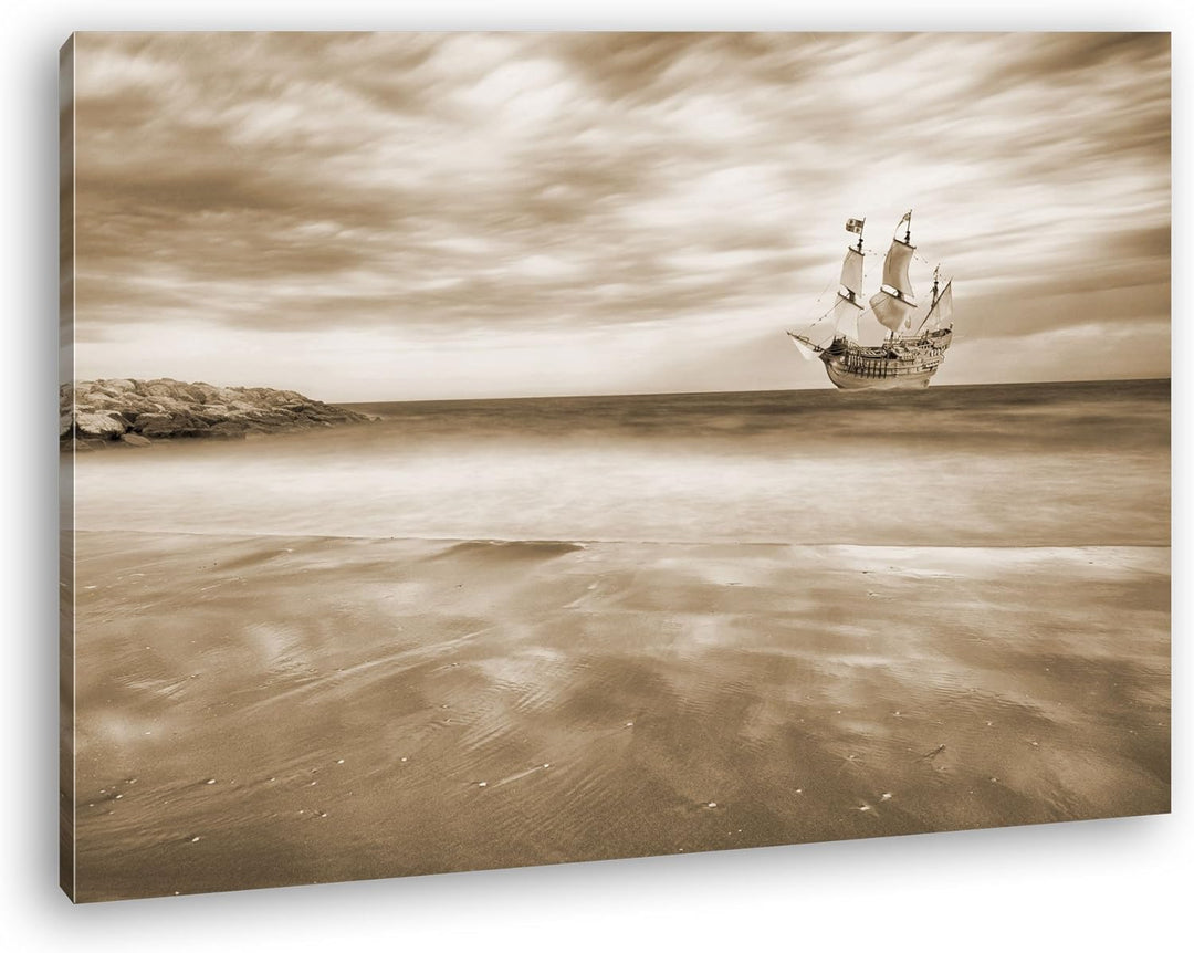 Segelschiff im blauen Meer an der Küste Format: 80x60 Effekt: Sepia als Leinwandbild, Motiv fertig g