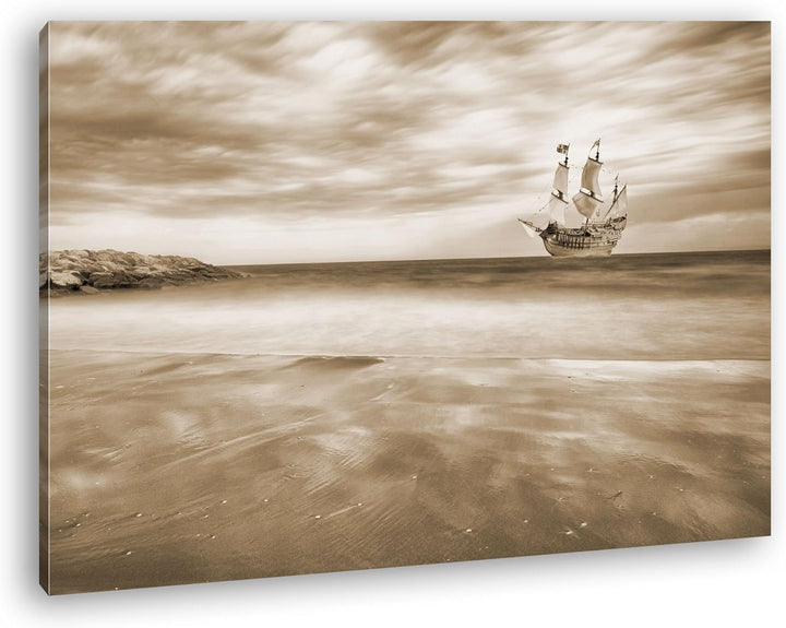 Segelschiff im blauen Meer an der Küste Format: 80x60 Effekt: Sepia als Leinwandbild, Motiv fertig g
