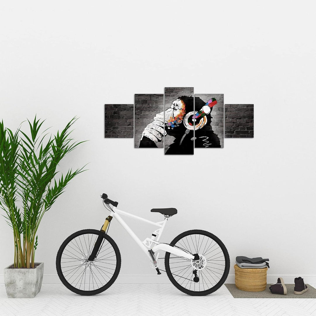 Runa Art Wandbilder Banksy Affe mit Kopfhörer 5 Teilig Bild auf Vlies Leinwand Deko Loft Wohnzimmer