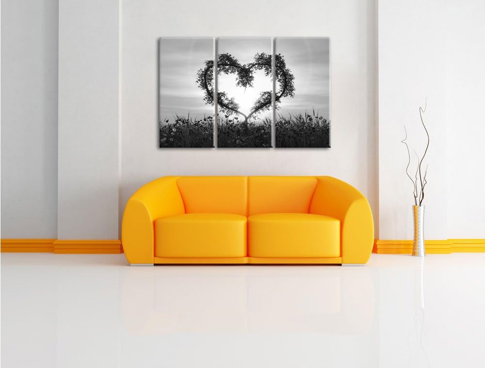 Pixxprint Herz aus Bambus Kunst B&W / 3-Teilig/Gesamtmass 120cm Leinwandbild bespannt auf Holzrahmen
