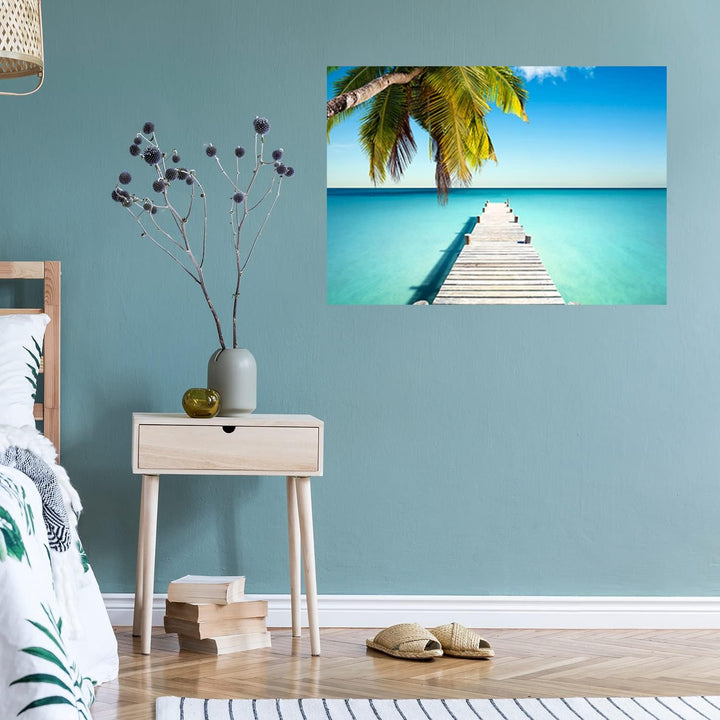 Feeby Vlies Leinwandbild Strand Palme Seebrücke Ozean 90x60 cm Druckbild Wandbild Wanddekoration Dek
