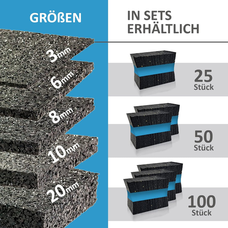 Terrassenpads 90 x 90 mm x 3mm 6mm 8mm 10mm 20mm | Unterleger aus Gummigranulat | Stärke und Menge a